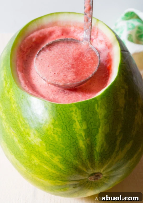A punch bowl ladle holding a scoop of watermelon rum punch over the watermelon bowl.
