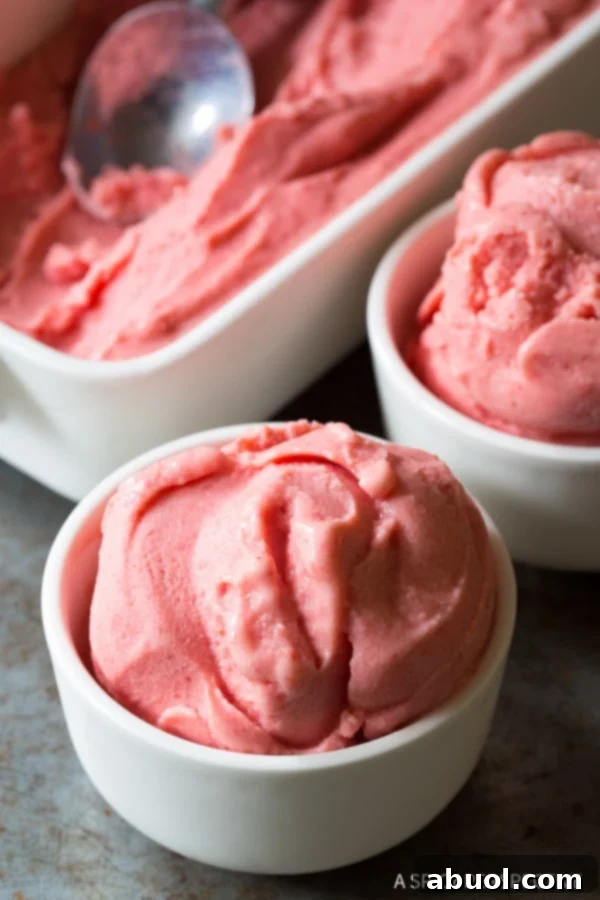 A vibrant white bowl of freshly made strawberry pineapple sherbet, ready to be enjoyed.