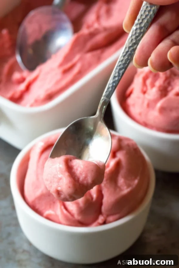 A beautifully composed image of strawberry pineapple sherbet, emphasizing its refreshing appeal. Text overlay: Best Healthy 5-Minute Strawberry Pineapple Sherbet Recipe #summer