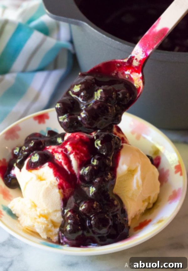 A spoon delicately drizzling warm blueberry sauce over a generous scoop of vanilla ice cream, creating a tempting dessert.
