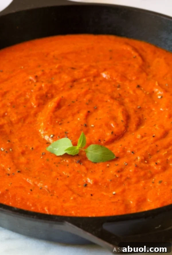 Silky Roasted Red Pepper Marinara sauce in a skillet. 