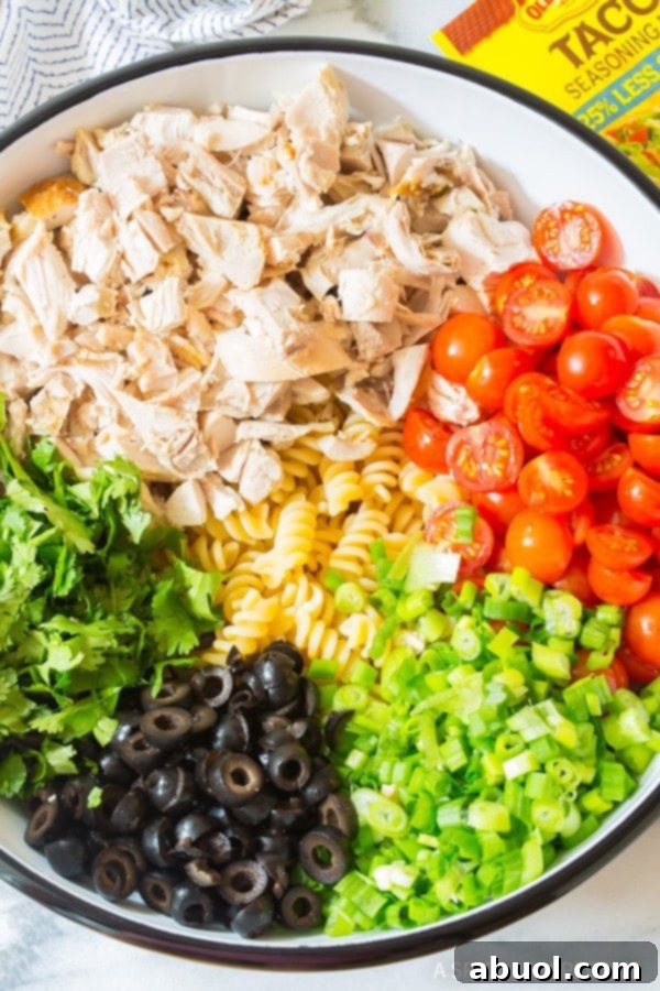 Preparing the Ingredients for Cool Chicken Taco Pasta Salad