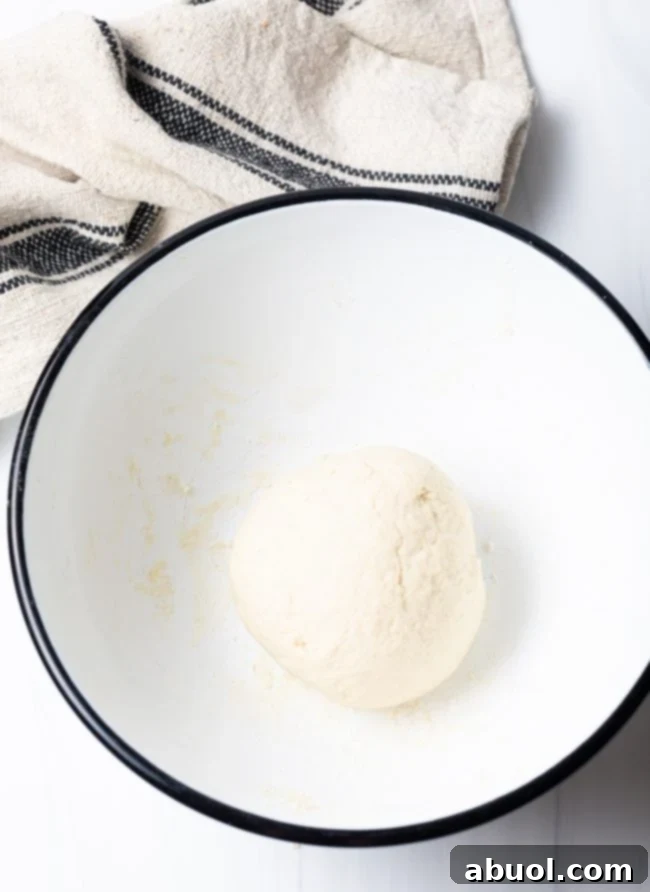 A perfectly formed ball of Navajo fry bread dough in a mixing bowl, ready for resting.