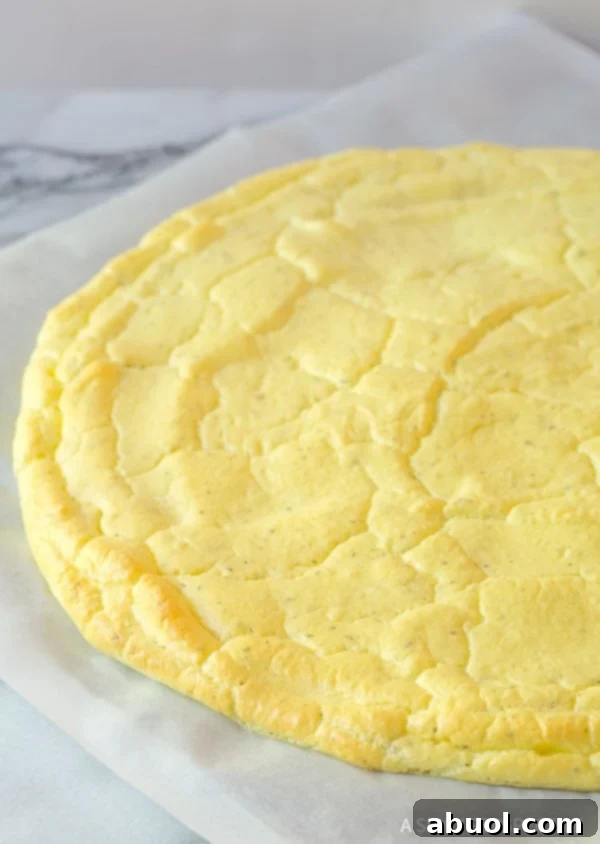 The golden-baked cloud bread crust, light and airy, ready for its delicious toppings.