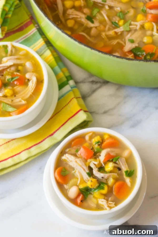 Two bowls of Chicken White Bean Soup with a green soup pot in the background, highlighting its fresh and inviting appearance.