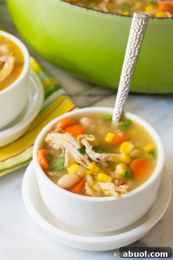 A close-up of Chicken White Bean Soup in a white bowl, with another bowl and a green soup pot in the softly blurred background.