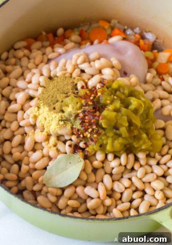 A vibrant selection of ingredients for white bean chicken soup, neatly arranged around a green soup pot, ready for cooking.
