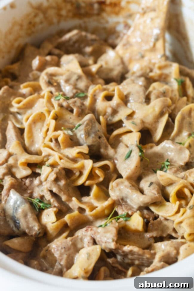 Close-up of Slow Cooker Beef Stroganoff in a crock, showcasing its rich texture and savory appeal.