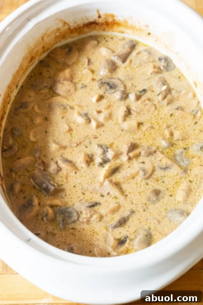 Slow Cooker Beef Stroganoff simmering in its savory sauce, highlighting the rich color and tender beef.