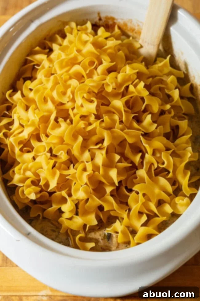 Extra wide egg noodles, perfectly cooked and ready to be mixed into the Slow Cooker Beef Stroganoff.
