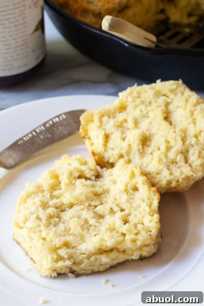 A freshly baked Cathead Biscuit, perfectly cut in half on a white plate, with a butter knife beside it, ready to be spread with butter or jam.