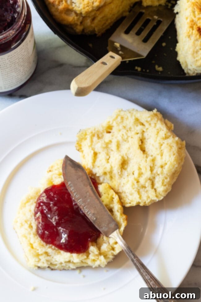 A golden-brown Cat Head Biscuit with a generous spread of vibrant jam on top, ready to be enjoyed as a sweet treat.