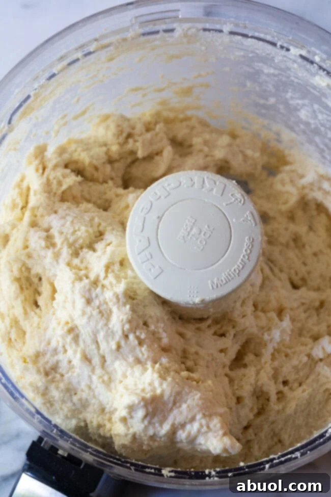 Cathead Biscuit dough in a food processor, showcasing the 'pebble texture' after the fats have been incorporated into the flour mixture.