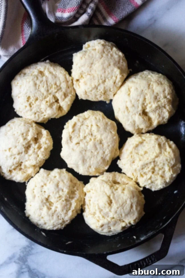 Unbaked biscuits carefully placed in a cast iron skillet, brushed with melted butter and poised for baking, promising a delicious outcome.