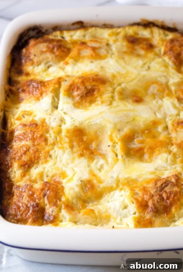 A golden-brown Croatian Cheese Strukli, fresh from the oven, resting in a baking dish with its edges beautifully crisped and a creamy, bubbling sauce surrounding the tender cheese-filled logs.