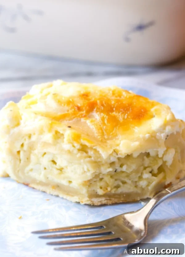 A delectable side view of a slice of Croatian Cheese Strukli on a plate, showcasing its beautifully layered texture and the rich, creamy cheese filling.