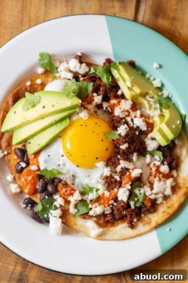 A vibrant plate of Huevos Rancheros, featuring perfectly cooked sunny-side up eggs, rich ranchero sauce, crumbled cheese, fresh avocado slices, and chopped cilantro on warm tortillas.
