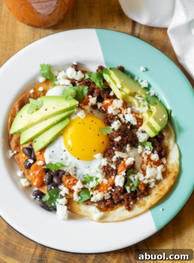 An overhead shot of a finished Huevos Rancheros dish, beautifully garnished with sliced avocado, fresh cilantro, and a drizzle of Mexican crema, ready to be enjoyed.