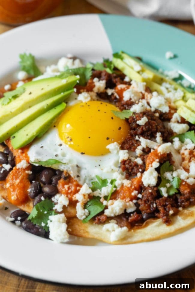 Close-up shot of a single serving of Huevos Rancheros, showcasing the rich red ranchero sauce generously poured over an egg and tortilla, with a sprinkle of fresh herbs.