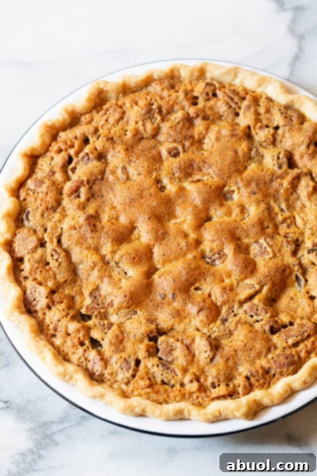 Freshly baked chocolate pecan pie, golden brown and perfectly set in its pan, cooling on a wire rack.