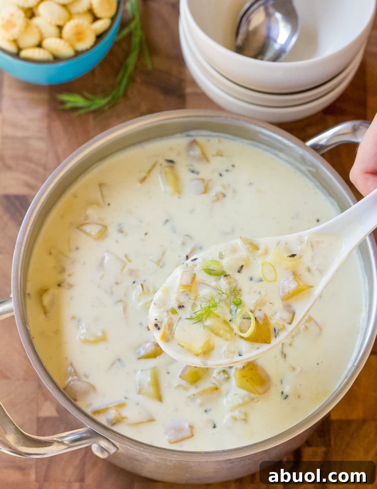 winter soup - Clam Chowder Recipe lifted on spoon