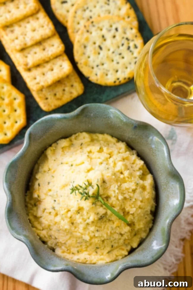 Top down view of cheese spread in a bowl. 