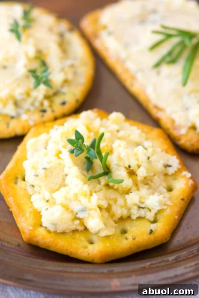 Closeup of cracker topped with cheese spread and herbs. 
