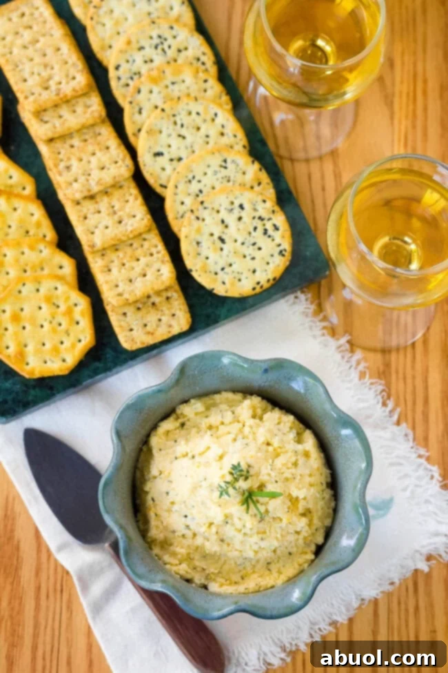 Top down view of cheese dip served with crackers and a glass of white wine. 