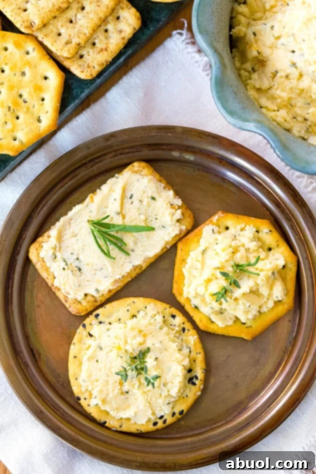 Cheese spread on a variety of crackers served on a plate. 