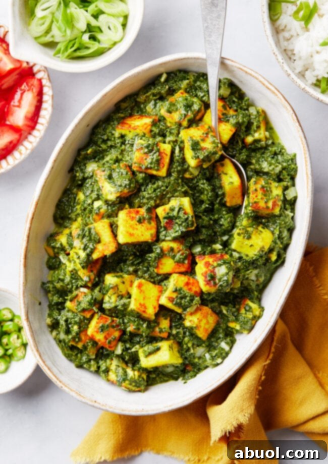 Overhead shot of saag paneer in a large serving bowl with a silver spoon, garnished with fresh cilantro.