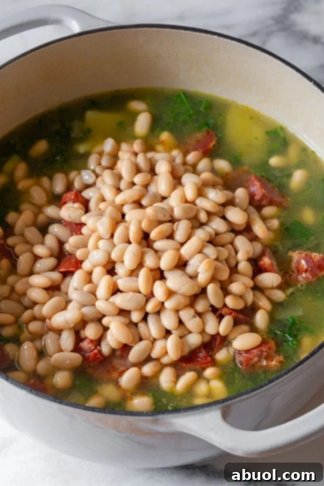 Portuguese bean soup - adding beans to pot