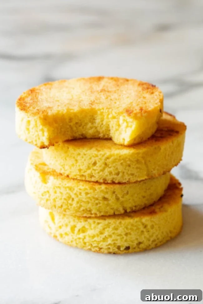 Four round, golden-brown slices of freshly baked low-carb bread are stacked neatly. The top slice has a small bite taken out, showcasing its soft, airy texture.