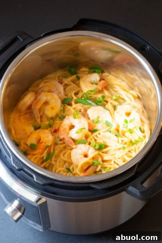 A large serving of the best Instant Pot Bang Bang Shrimp Pasta recipe