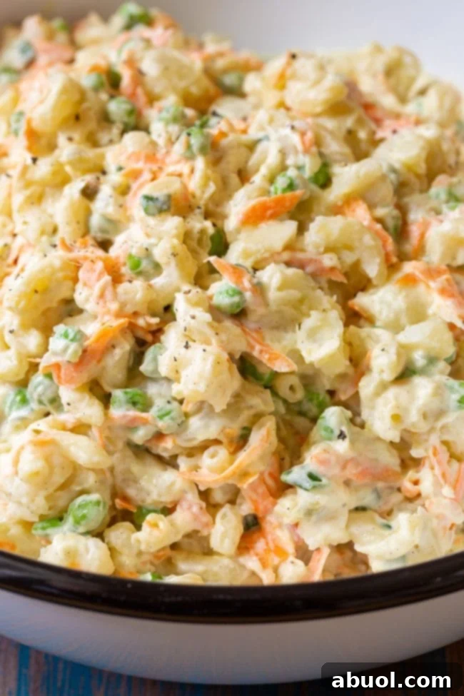 Macaroni salad in a large serving bowl.