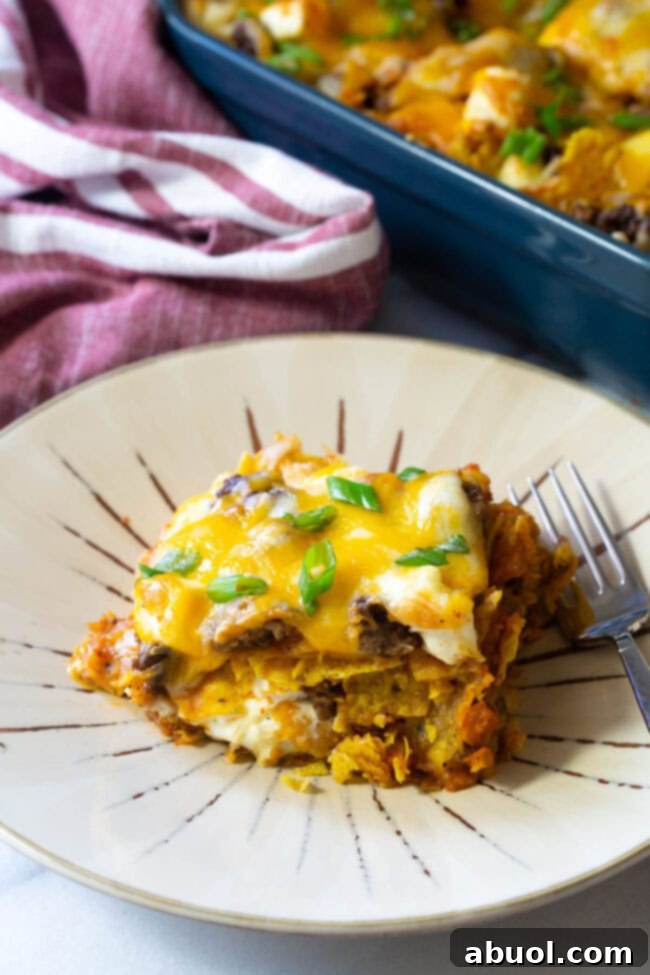 A piece of cool ranch dorito lasagna on a plate, showcasing its delicious layers.