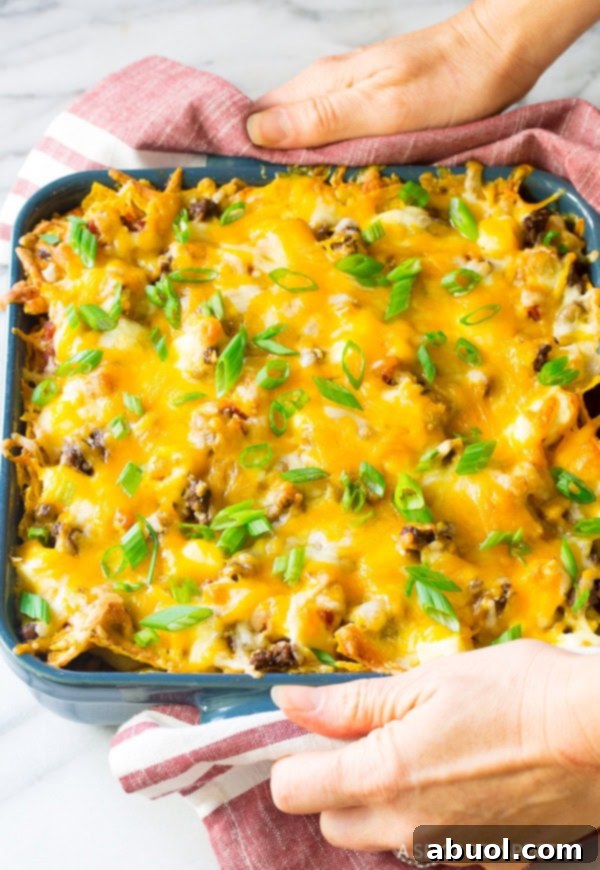 The golden brown and bubbly Baked Cool Ranch Dorito Casserole, fresh out of the oven.