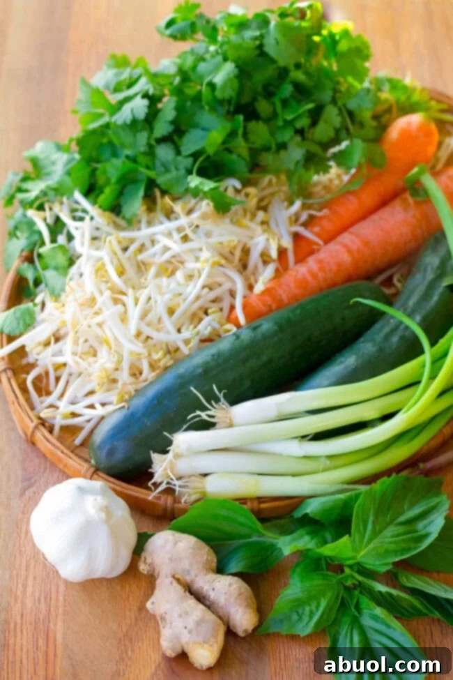 Vietnamese Salad ingredients on a wooden surface. 