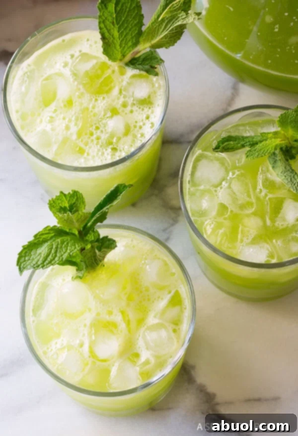 Overhead shot of three glasses of cucumber mint agua fresca, garnished with mint. 