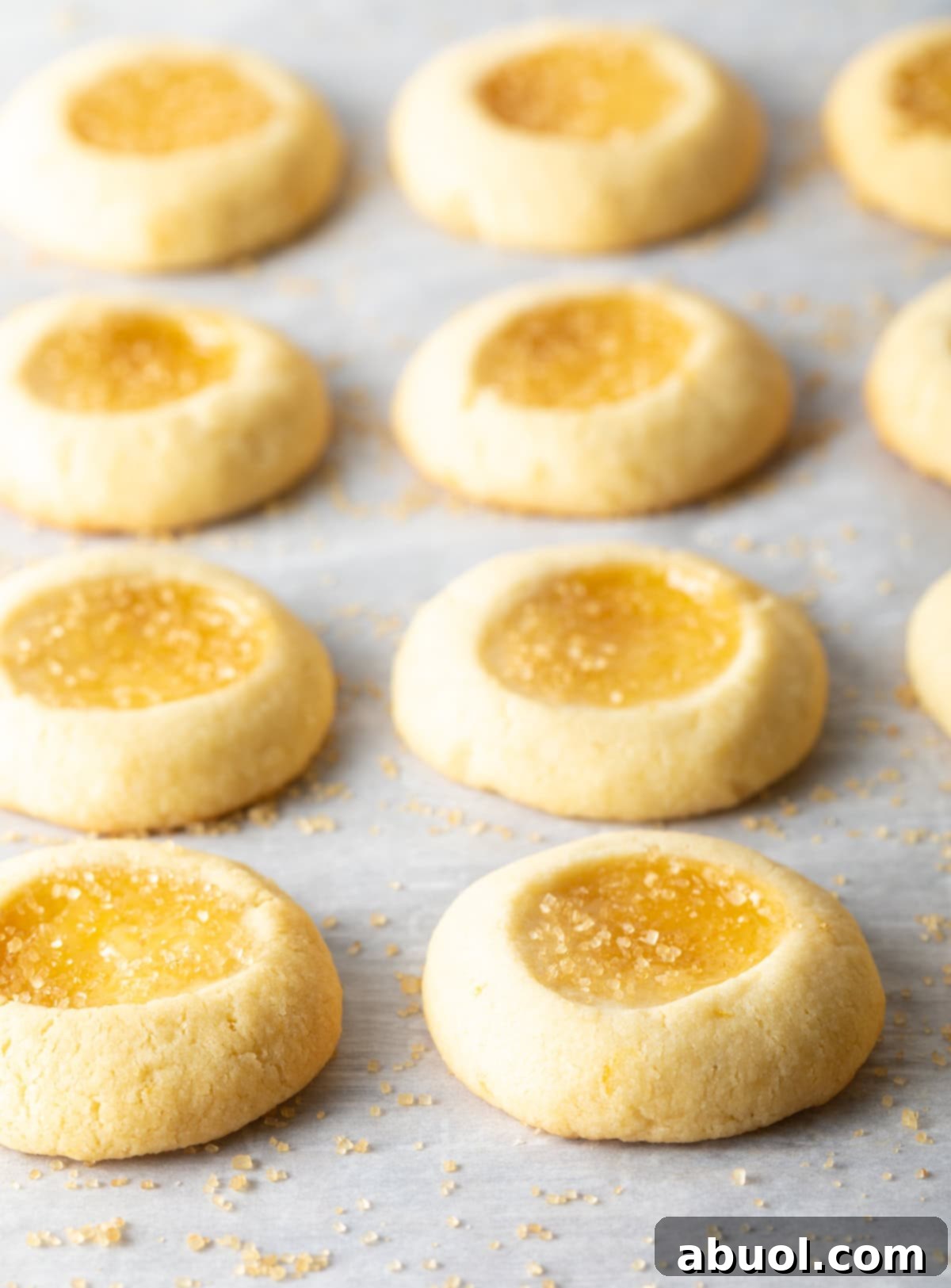 Side view of beautifully baked lemon drop thumbprint cookies, showcasing their tender texture and bright yellow centers.