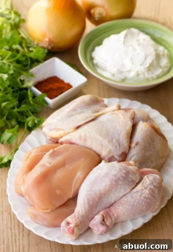 Making Hungarian Paprikash (Paprikas) with fresh vegetables and bone-in chicken pieces