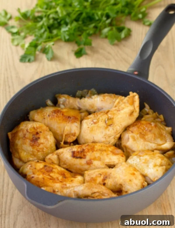 Chicken Paprikash Recipe - browned chicken pieces in a skillet