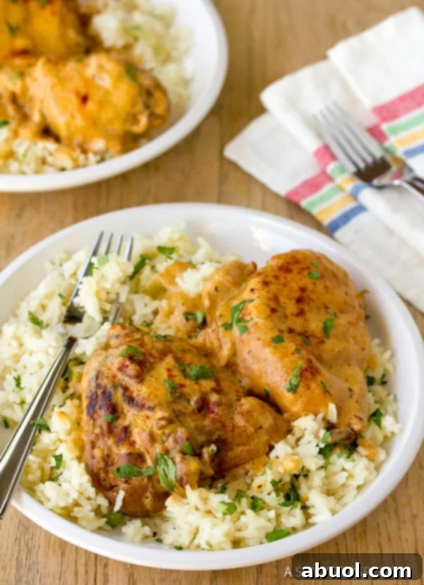 Chicken Paprikas with sauce on plate with fork and napkin.