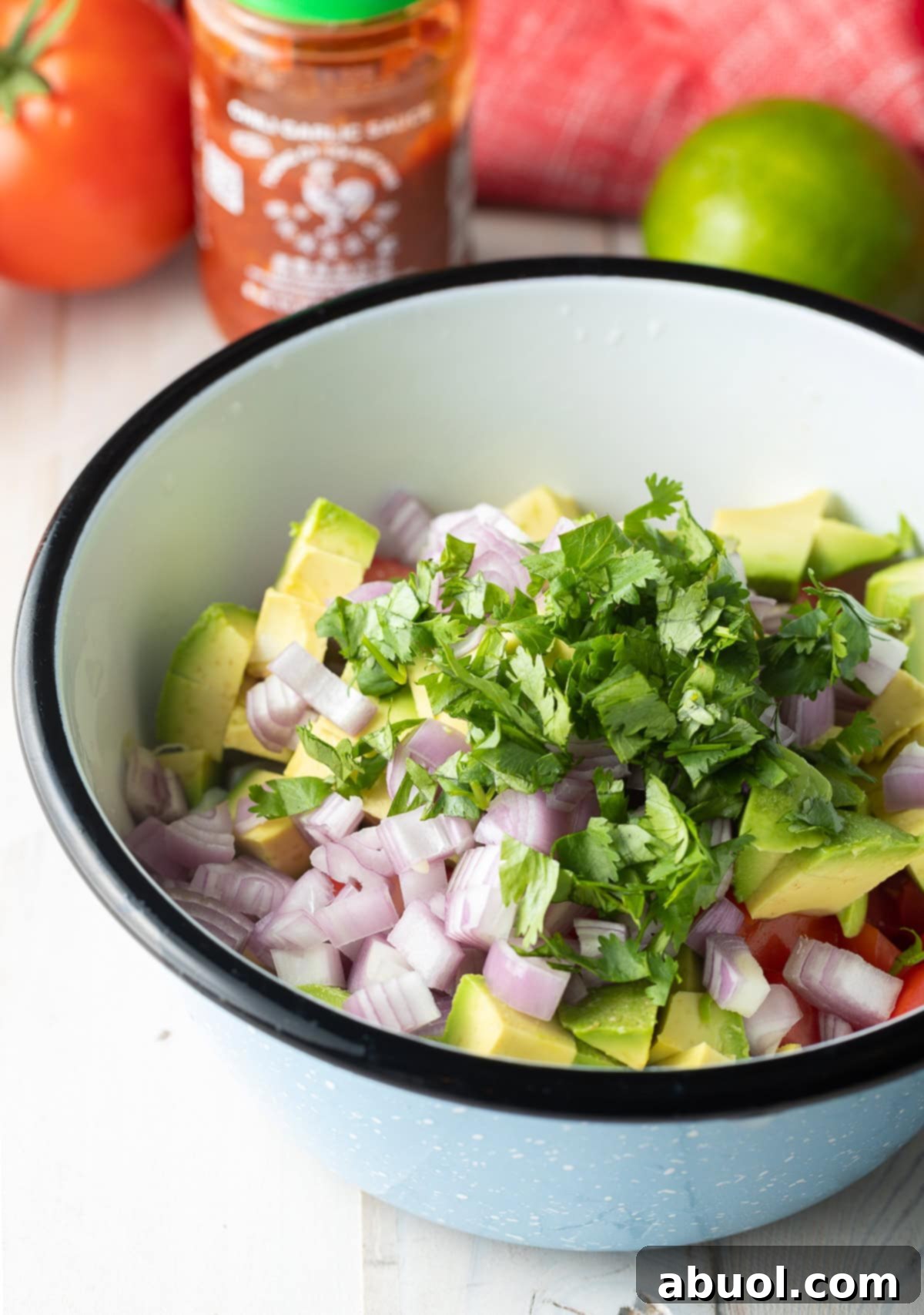 Marinated raw fish for fish ceviche with onion, cilantro, tomato, and avocado