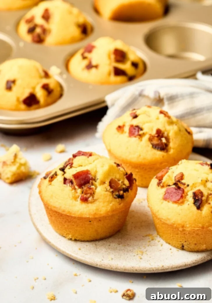 Heavenly Bacon Corn Muffins 12 Easy cornbread muffins in a pan with crispy bacon and a bottle of maple syrup, ready to be served.