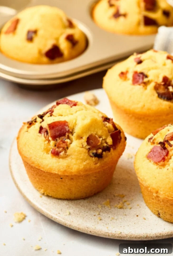 Heavenly Bacon Corn Muffins 3 Close-up of warm cornbread muffins on a plate, garnished with crispy bacon and a pour of maple syrup, emphasizing their irresistible appeal.