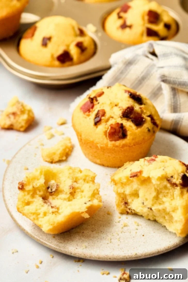 Heavenly Bacon Corn Muffins 4 A warm cornbread muffin cut open on a plate, revealing its moist, tender interior and specks of cornmeal.
