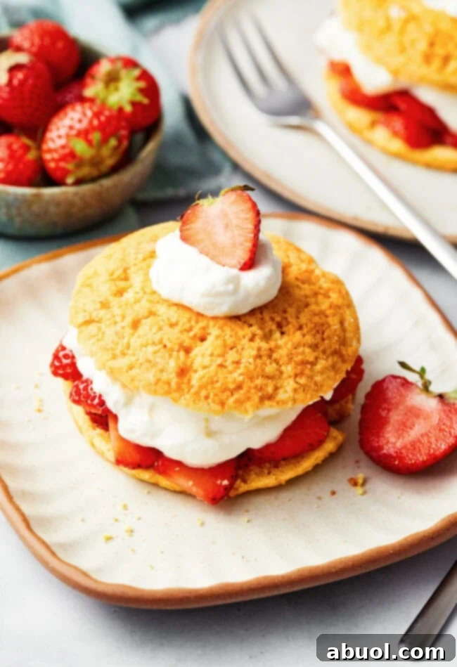 A beautifully arranged serving of Rustic Strawberry Shortcake featuring tender cornmeal biscuits, macerated fresh strawberries, and a generous dollop of whipped cream, ready to be enjoyed.