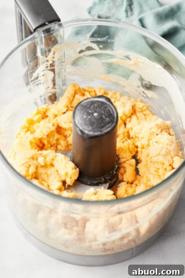 The shortcake dough, with visible small butter clumps, freshly mixed in a food processor, ready to be turned out.