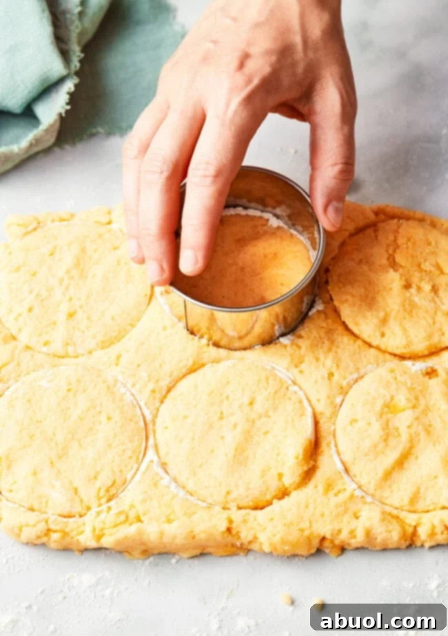 A baker using a round cookie cutter to cut out individual shortcake biscuits from the rolled-out dough on a floured surface.