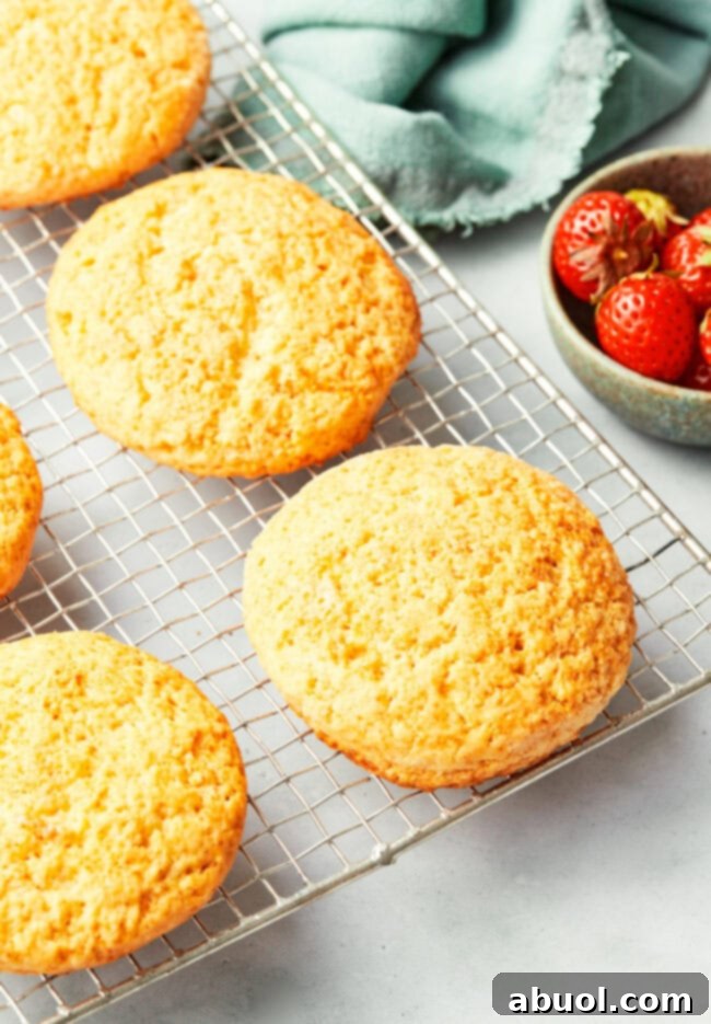 Freshly baked cornmeal shortcake biscuits, golden brown and perfectly puffed, cooling on a baking sheet straight from the oven.